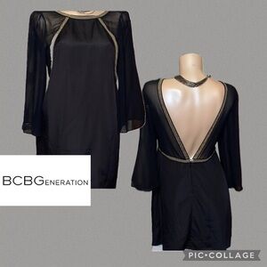 BCBGeneration womens dress 6 small mini black V back sheer sleeve party BCBG NYE